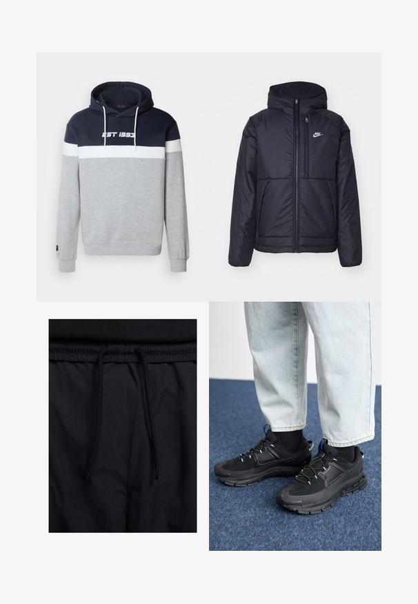 Black, padded Nike jacket with a front zipper and hood. Features a white logo on the left chest and dual front pockets. Smooth exterior texture.; Hooded sweatshirt featuring gray body, navy top panel, and white horizontal stripe with "EST 1993" printed in white. Cotton blend material.; Black shorts featuring a drawstring waistband, lightweight fabric with a smooth texture, and a simple design without visible logos or patterns.; Black athletic shoes with textured fabric and rubber soles, featuring elastic laces and a blue accent on the heel. Worn with light denim pants.