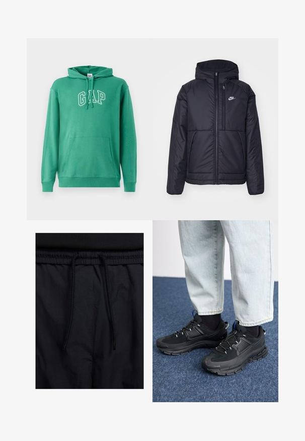 Svart, vadderad Nike-jacka med dragkedja framtill och huva. Har en vit logotyp på vänster bröst och dubbla framfickor. Slät yttextur.; Grön hoodie med en framficka, dragskohuva och broderad "GAP"-logotyp i vitt. Mjuk material med ribbad mudd.; Svarta shorts med dragsko i midjan, lättviktig tyg med en slät yta och en enkel design utan synliga logotyper eller mönster.; Svarta sportskor med texturerat tyg och gummisulor, med elastiska snörningar och en blå detalj på hälen. Bärs med ljusa jeans.