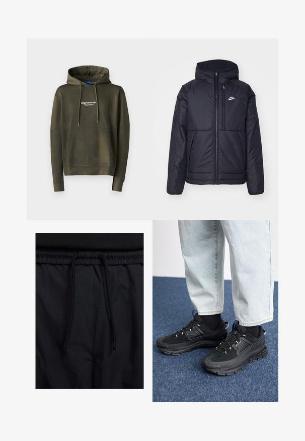 Must musta Nike jope, millel on ees lukuga avamine ja kapuuts. Vasakpoolne rind on kaunistatud valge logoga ning ees on kaks taskut. Sile välimine tekstuur.; Jack & Jones JORVESTERBRO - Pusa - khaki; Mustad lühikesed püksid, millel on paelaga vöökoht, kerge kangas, mis on sileda tekstuuriga ning lihtne disain ilma nähtavate logode või mustriteta.; Mustad mustad jooksukingad, millel on tekstureeritud kangas ja kummist tallad, elastsed nöörid ning sinine aksent kandadel. Kandmine heledate teksadega.