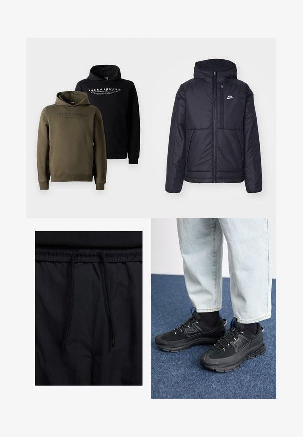 Giacca Nike nera, imbottita, con zip frontale e cappuccio. Presenta un logo bianco sul lato sinistro del petto e doppie tasche frontali. Texture esterna liscia.; Felpe con cappuccio in nero e verde oliva, dotate di tasca a canguro frontale, cappuccio con cordino e branding stampato sul petto. Tessuto morbido e liscio.; Shorts neri con vita regolabile tramite coulisse, tessuto leggero con una texture liscia e un design semplice senza loghi o motivi visibili.; Scarpe sportive nere con tessuto testurizzato e suole in gomma, dotate di lacci elastici e un accento blu sul tallone. Indossate con pantaloni in denim chiaro.