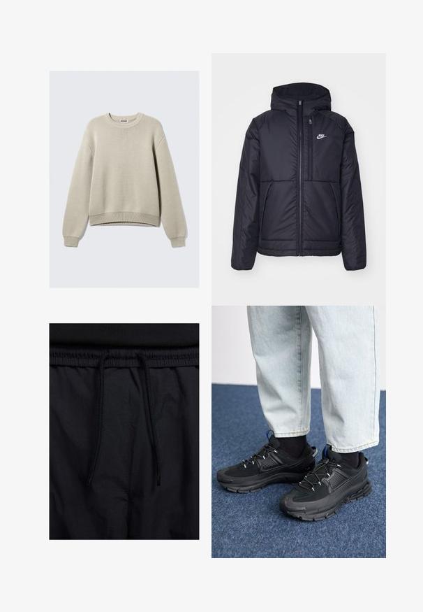 Veste Nike noire rembourrée avec une fermeture éclair sur le devant et une capuche. Elle présente un logo blanc sur la poitrine gauche et deux poches avant. Texture extérieure lisse.; Pull en tricot beige avec un col rond, des manches longues et des bords côtes au niveau des poignets et de l'ourlet. Présente un motif texturé sur l'ensemble.; Shorts noirs avec un élastique à cordon de serrage, en tissu léger avec une texture lisse, et un design simple sans logos ni motifs visibles.; Des chaussures de sport noires avec un tissu texturé et des semelles en caoutchouc, dotées de lacets élastiques et d'un accent bleu au talon. Portées avec un pantalon en denim clair.