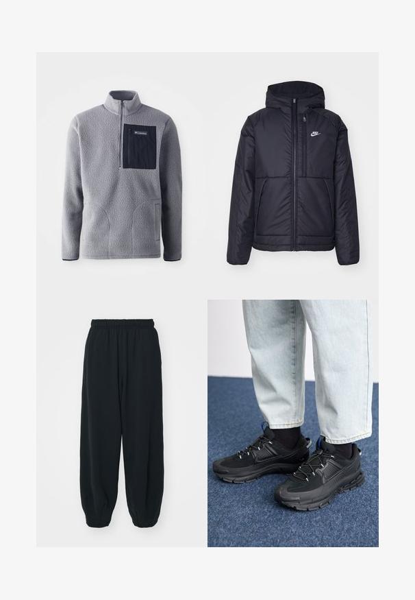 Casaco Nike preto, acolchoado, com fecho à frente e capuz. Apresenta um logo branco no lado esquerdo do peito e dois bolsos frontais. Textura exterior lisa.; Pullover cinza em lã, com gola de zíper até ao meio, um bolso no peito azul-marinho, dois bolsos laterais e tecido texturizado. Design leve e casual.; Calças de fato de treino pretas, com cintura elástica e um corte solto, com punhos nas pernas, textura suave e sem padrões visíveis ou detalhes de metal.; Sapatilhas desportivas pretas com tecido texturizado e solas em borracha, apresentando atacadores elásticos e um detalhe azul no calcanhar. Usadas com calças de ganga claras.