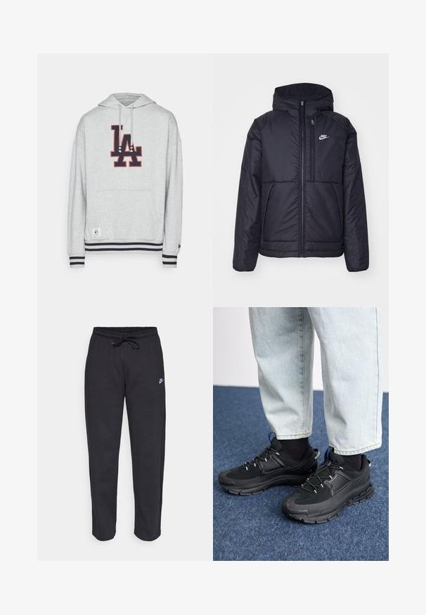 Melna, pufota Nike jaka ar priekšējo rāvējslēdzēju un kapuci. Iezīmēta ar baltu logotipu uz kreisās krūtis un divām priekšējām kabatām. Gluda ārējā tekstūra.; Pelēka kapu piedurkne ar lielu "LA" logo tumši zilā krāsā ar sarkaniem akcentiem, auklām, priekšējo kabatu un svītrainām aproču un apakšmalas detaļām.; Melnas sporta bikses, kas izgatavotas no mīksta auduma, ar elastīgu jostu, auklu un mazu Nike logo uz kreisā augšstilba.; Melni sporta apavi ar strukturētu audumu un gumijas zoli, ar elastīgām auklām un zilu akcentu uz papēža. Nēsāti ar gaišām džinsu biksēm.
