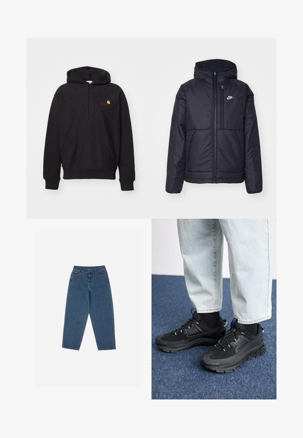 Juodas, paminkštintas Nike džemperis su priekyje užtrauktuku ir gobtuvu. Pasižymi balta logo kairėje krūtinės pusėje ir dviem priekinėmis kišenėmis. Su lygiu išoriniu paviršiumi.; Juodas gobtuvas iš medvilnės mišinio su priekyje esančia kišene, virvele reguliuojamu gobtuvu ir raudonu siuvinėtu logotipu, kuriame yra geltonas arkos motyvas.; Mėlyni džinsai su laisvu siluetu, aukštu juosmeniu, penkių kišenių dizainu ir siuvinio akcentais. Su mygtuku ir užtrauktuku.; Juodi sportiniai bateliai su tekstūruota medžiaga ir guminiais padais, su elastingomis raišteliais ir mėlynu akcentu ant kulno. Dėvimi su šviesiai mėlynomis džinsinėmis kelnėmis.