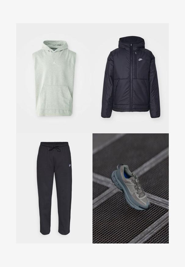 Must musta Nike jope, millel on ees lukuga avamine ja kapuuts. Vasakpoolne rind on kaunistatud valge logoga ning ees on kaks taskut. Sile välimine tekstuur.; Ilma varrukatega hall kapuuts, mis on valmistatud pehmest materjalist, ees oleva taskuga ja väikese valge Jumpman-logo ehk õhujalatsite logoga rinnal.; Mustad mustad, pehmest kangast, elastse vöökoha, nööriga ja väikese Nike logo'ga vasakul reiel.; Beige ja hall sportlik king, millel on tekstuuriga võrkpealne, ümar nina ja kummist tald, varustatud paelte ja pehmendatud kraega.