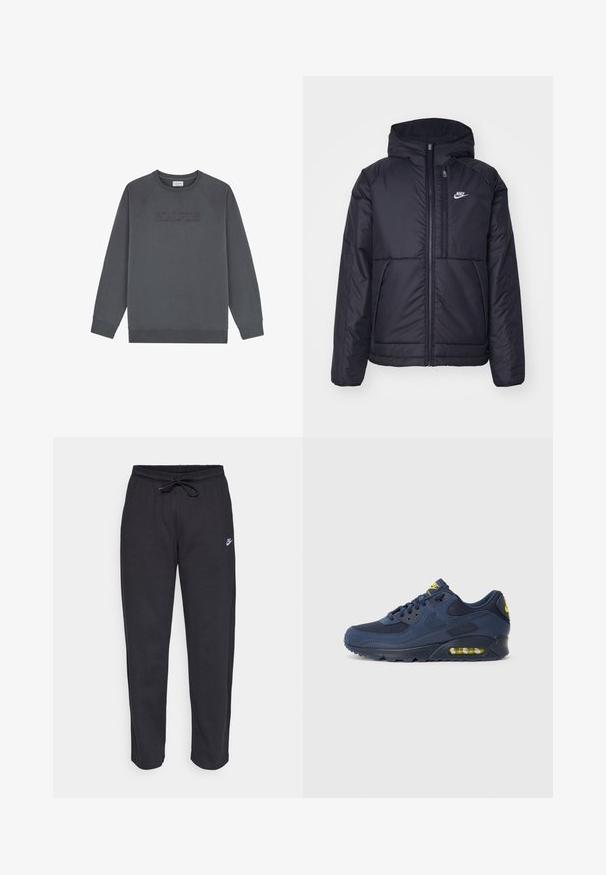 Jachetă Nike neagră, căptușită, cu fermoar pe față și glugă. Prezintă un logo alb pe pieptul stâng și două buzunare frontale. Textură exterioară netedă.; Scalpers PATCH - Bluză de molton - anthracite; Pantaloni de trening negri dintr-un material moale, cu talie elastică, șnur de ajustare și un mic logo Nike pe coapsa stângă.; Adidașii Nike Air Max de culoare bleu marin, cu un upper din suede și plasă, având accente galbene, sistem de șireturi în față și amortizare vizibilă în talpă.