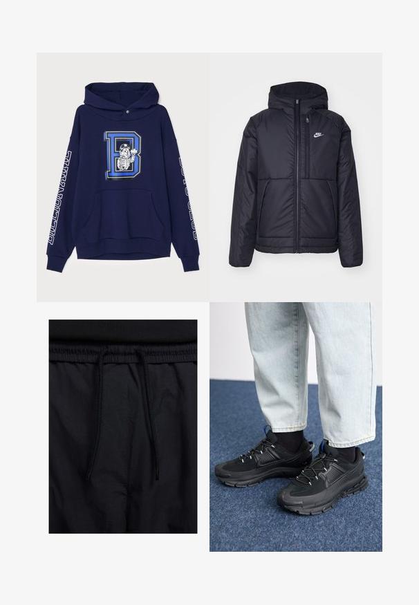 Jachetă Nike neagră, căptușită, cu fermoar pe față și glugă. Prezintă un logo alb pe pieptul stâng și două buzunare frontale. Textură exterioară netedă.; Hanorac bleumarin din bumbac, cu un grafic mare al unui personaj și litera "D". Include o buzunar frontal și text alb pe mâneci.; Șorturi negre cu un brâu reglabil, dintr-un material ușor cu o textură netedă și un design simplu, fără logo-uri sau modele vizibile.; Pantofi sport negri, cu țesătură texturată și tălpi din cauciuc, având șireturi elastice și un accent albastru pe toc. Purtați cu pantaloni din denim deschis.