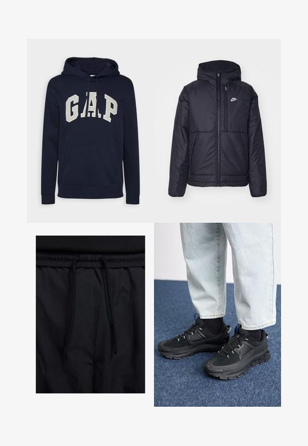 Melna, pufota Nike jaka ar priekšējo rāvējslēdzēju un kapuci. Iezīmēta ar baltu logotipu uz kreisās krūtis un divām priekšējām kabatām. Gluda ārējā tekstūra.; Tumši zilas krāsas kokvilnas sudrabvīrs ar lielu, gaiši pelēku "GAP" logotipu, priekšējo kabatu un auklītēm uz kapuces. Klasisks dizains ar ribotām piedurknēm.; Melni šorti ar sašūtu jostu, viegls audums ar gludu tekstūru un vienkāršs dizains bez redzamiem logotipiem vai paraugiem.; Melni sporta apavi ar strukturētu audumu un gumijas zoli, ar elastīgām auklām un zilu akcentu uz papēža. Nēsāti ar gaišām džinsu biksēm.