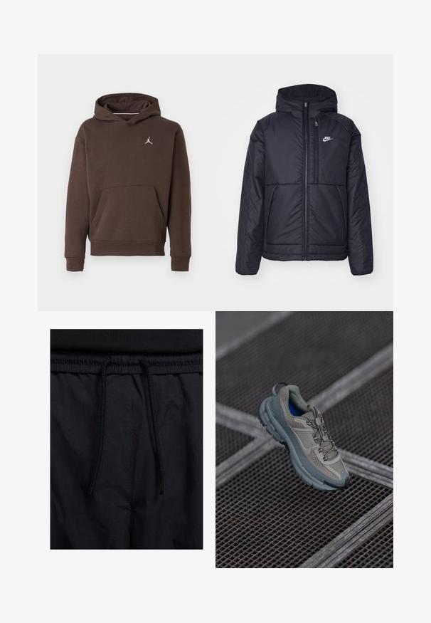Juodas, paminkštintas Nike džemperis su priekyje užtrauktuku ir gobtuvu. Pasižymi balta logo kairėje krūtinės pusėje ir dviem priekinėmis kišenėmis. Su lygiu išoriniu paviršiumi.; Rudas gobtuvė su priekine kengūros kišenę ir maža balta Jumpman logotipu ant krūtinės.; Juodos šortai su raišteliu juosmens srityje, lengva medžiaga su lygiu paviršiumi ir paprastas dizainas be matomų logotipų ar raštų.; Bežiniai ir pilki sportiniai bateliai su tekstūruotu tinkliniu viršumi, apvaliu pirštu ir guminiais padais, turi raištelius ir paminkštintą apykaklę.