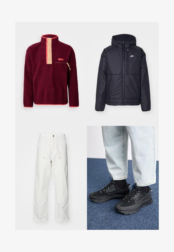 Černá zateplená bunda Nike s předním zipem a kapucí. Na levé straně hrudi má bílé logo a dvojité přední kapsy. Hladký povrch.; Burgundský fleecový svetr s vysokým límečkem, krémovým zapínáním na knoflíky, kapsou na zip na hrudi a kontrastním oranžovým lemováním.; Bílé bavlněné cargo kalhoty s volným střihem. Vlastnosti zahrnují přední kapsy, zlaté kovové detaily a zpevněné oblasti na kolenou.; Černé sportovní boty s texturovanou tkaninou a gumovou podrážkou, s elastickými tkaničkami a modrým akcentem na patě. Nosí se s světlými džíny.