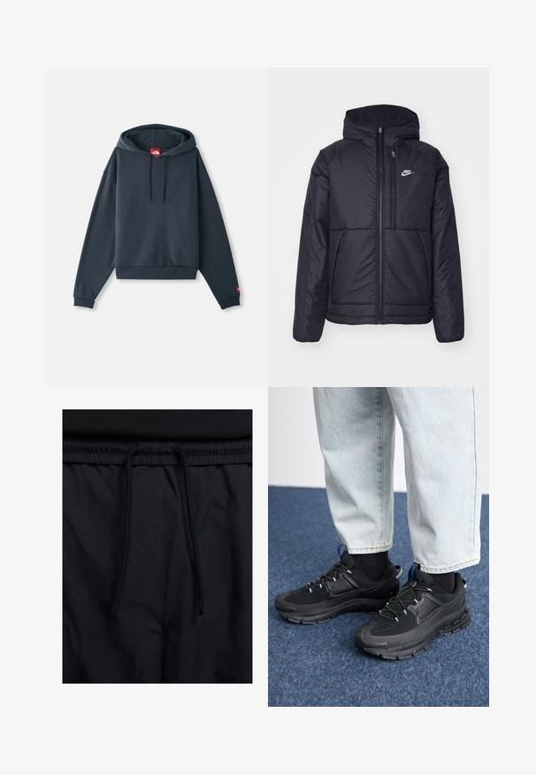 Chaqueta acolchada negra de Nike con cremallera frontal y capucha. Presenta un logo blanco en el lado izquierdo del pecho y dos bolsillos frontales. Textura exterior suave.; Sudadera con capucha de color azul marino, hecha de un tejido suave, que cuenta con un bolsillo tipo canguro, puños acanalados y una etiqueta con el logo en la parte delantera.; Pantalones cortos negros con cinturilla ajustable, tejido ligero con una textura suave y un diseño sencillo sin logotipos visibles ni patrones.; Zapatillas deportivas negras con tejido texturizado y suelas de goma, con cordones elásticos y un acento azul en el talón. Combinadas con pantalones de mezclilla claros.