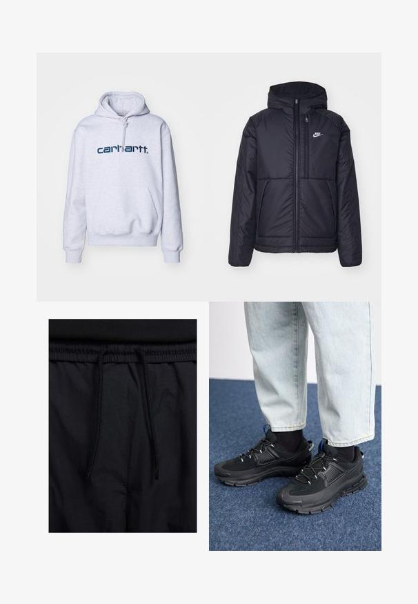 Giacca Nike nera, imbottita, con zip frontale e cappuccio. Presenta un logo bianco sul lato sinistro del petto e doppie tasche frontali. Texture esterna liscia.; Carhartt WIP HOODED - Felpa con cappuccio - ash heather/duck blue; Shorts neri con vita regolabile tramite coulisse, tessuto leggero con una texture liscia e un design semplice senza loghi o motivi visibili.; Scarpe sportive nere con tessuto testurizzato e suole in gomma, dotate di lacci elastici e un accento blu sul tallone. Indossate con pantaloni in denim chiaro.