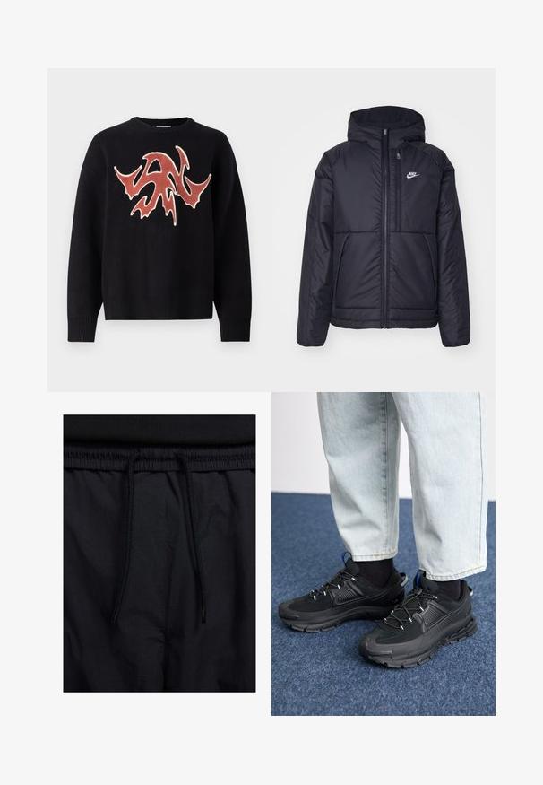 Black, padded Nike jacket with a front zipper and hood. Features a white logo on the left chest and dual front pockets. Smooth exterior texture.; Black sweater with a crew neck featuring a textured, abstract red and cream design on the front. Ribbed cuffs and hem.; Black shorts featuring a drawstring waistband, lightweight fabric with a smooth texture, and a simple design without visible logos or patterns.; Black athletic shoes with textured fabric and rubber soles, featuring elastic laces and a blue accent on the heel. Worn with light denim pants.