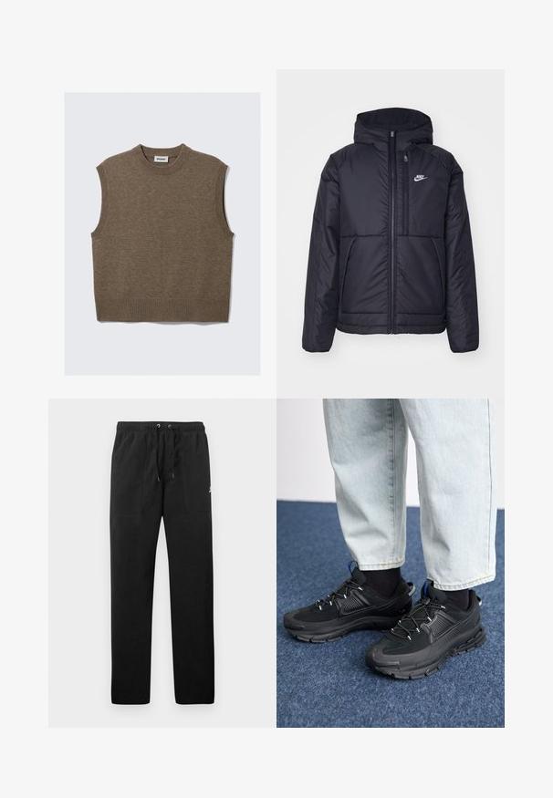 Černá zateplená bunda Nike s předním zipem a kapucí. Na levé straně hrudi má bílé logo a dvojité přední kapsy. Hladký povrch.; Hnědý pletený bezrukávový svetr s ribbovaným kulatým výstřihem, průramky a lemem, položený na bílé pozadí.; Černé teplákové kalhoty vyrobené z fleecu, s elastickým pasem a šňůrkami, dvěma předními kapsami a malým logem na stehně.; Černé sportovní boty s texturovanou tkaninou a gumovou podrážkou, s elastickými tkaničkami a modrým akcentem na patě. Nosí se s světlými džíny.