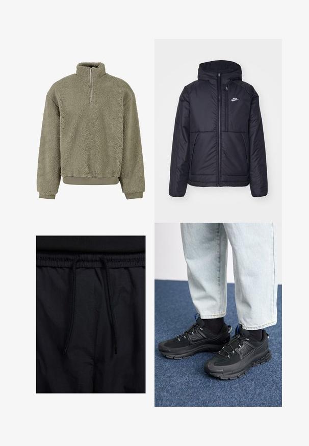 Must musta Nike jope, millel on ees lukuga avamine ja kapuuts. Vasakpoolne rind on kaunistatud valge logoga ning ees on kaks taskut. Sile välimine tekstuur.; Olivroheline fliispullover, millel on poolne tõmblukk. Tekstureeritud välimus ning soonikkoes mansetid ja äär. Lõdva istuvuse tõttu pakub mugavust.; Mustad lühikesed püksid, millel on paelaga vöökoht, kerge kangas, mis on sileda tekstuuriga ning lihtne disain ilma nähtavate logode või mustriteta.; Mustad mustad jooksukingad, millel on tekstureeritud kangas ja kummist tallad, elastsed nöörid ning sinine aksent kandadel. Kandmine heledate teksadega.