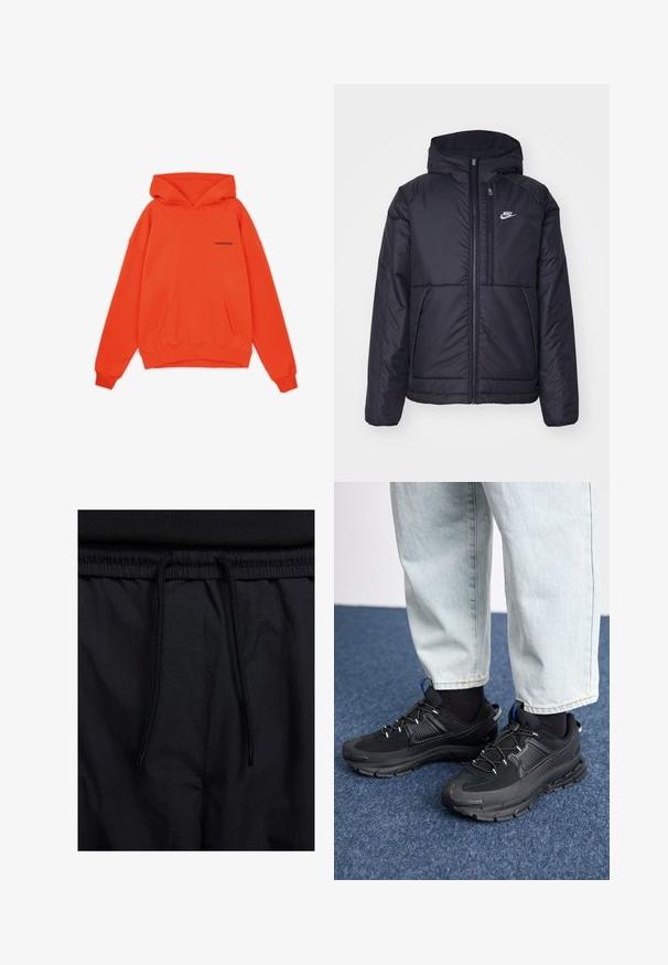 Fekete, párnázott Nike dzseki elülső cipzárral és kapucnival. A bal mellen fehér logó található, valamint két elülső zseb. Simának tűnő külső felület.; Narancssárga kapucnis pulóver, kenguruzsebbe, bordás mandzsettával és szegéllyel. A mellkasi részen egy kis fekete logó található. Puha szövet textúra.; Fekete rövidnadrág, húzózsinórral ellátott derékrésszel, könnyű anyagból, sima felszínen, egyszerű dizájnnal, látható logók vagy minták nélkül.; Fekete sportcipők texturált anyaggal és gumitalppal, elasztikus fűzőkkel és kék kiegészítővel a saroknál. Világos farmernadrággal viselve.