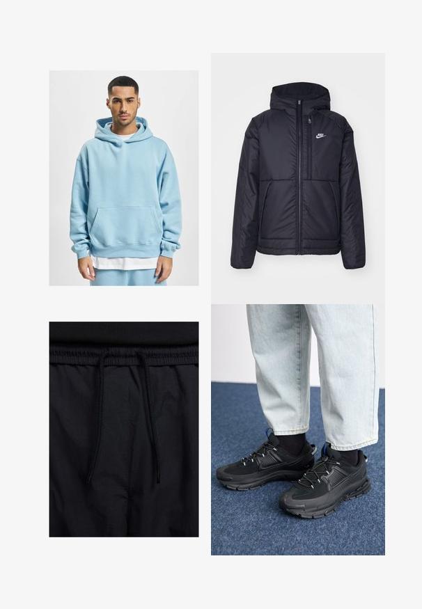 Must musta Nike jope, millel on ees lukuga avamine ja kapuuts. Vasakpoolne rind on kaunistatud valge logoga ning ees on kaks taskut. Sile välimine tekstuur.; Heledsinine kapuutsiga sarek, mis on valmistatud pehmest kangast, omab känguru taskut, reguleeritavat kapuutsi ja soonikkoes varrukaid. Kantud valge pluusi peal.; Mustad lühikesed püksid, millel on paelaga vöökoht, kerge kangas, mis on sileda tekstuuriga ning lihtne disain ilma nähtavate logode või mustriteta.; Mustad mustad jooksukingad, millel on tekstureeritud kangas ja kummist tallad, elastsed nöörid ning sinine aksent kandadel. Kandmine heledate teksadega.