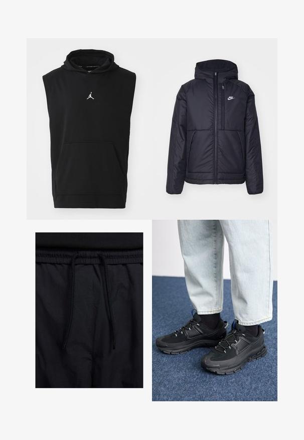 Černá zateplená bunda Nike s předním zipem a kapucí. Na levé straně hrudi má bílé logo a dvojité přední kapsy. Hladký povrch.; Černá mikina bez rukávů vyrobená z bavlněné látky, s přední kapsou a bílým logem Jumpman na hrudi. Hladká textura, ležérní design.; Černé šortky s páskem na šňůrku, lehký materiál s hladkou texturou a jednoduchý design bez viditelných log nebo vzorů.; Černé sportovní boty s texturovanou tkaninou a gumovou podrážkou, s elastickými tkaničkami a modrým akcentem na patě. Nosí se s světlými džíny.