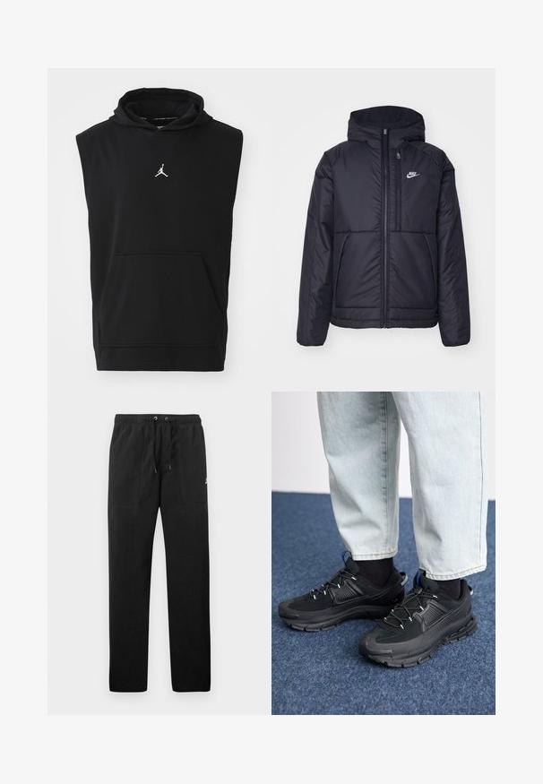 Must musta Nike jope, millel on ees lukuga avamine ja kapuuts. Vasakpoolne rind on kaunistatud valge logoga ning ees on kaks taskut. Sile välimine tekstuur.; Must puuvillane särkveereta kapuutsiga, millel on esimesel taskul ja valgel Jumpmani logol rinnal. Läikiva tekstuuriga, igapäevane disain.; Mustad fliisist sportpüksid, millel on elastne vöö ja paelad, kaks esi-taskut ning väike logo reie peal.; Mustad mustad jooksukingad, millel on tekstureeritud kangas ja kummist tallad, elastsed nöörid ning sinine aksent kandadel. Kandmine heledate teksadega.