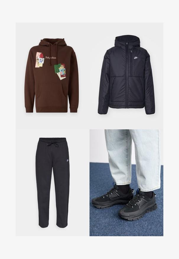 Svart, polstret Nike-jakke med frontglidelås og hette. Har en hvit logo på venstre bryst og doble frontlommer. Glatt ytterside.; Brun hettegenser med frontlomme og snor i hetten, med fargerike kunstneriske ansiktsillustrasjoner og teksten "Kidboy Studio".; Sorte sweatpants laget av mykt stoff med elastisk midjebånd, snøring og en liten Nike-logo på venstre lår.; Svarte sportssko med teksturert stoff og gummisåler, med elastiske lisser og en blå detalj på hælen. Brukt med lyse denimbukser.