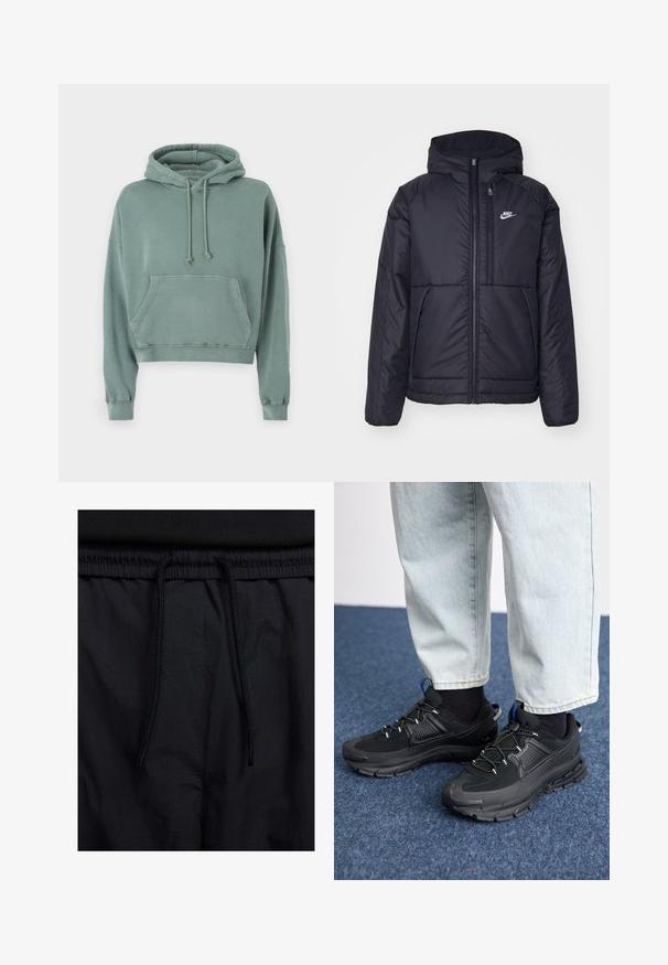 Čierna, polstrovaná bunda Nike so zipsom vpredu a kapucňou. Na ľavej strane hrude sa nachádza biele logo a sú tu dva predné vrecká. Hladký vonkajší povrch.; Mäta zelená skrátená mikina vyrobená z mäkkého materiálu, s predným vreckom, sťahovacou kapucňou a ribbovanými manžetami, s uvoľneným strihom.; Čierne šortky s pásom na stiahnutie, z ľahkej látky s hladkou textúrou a jednoduchým dizajnom bez viditeľných log alebo vzorov.; Čierne športové topánky s textúrovanou tkaninou a gumovou podrážkou, so elastickými šnúrkami a modrým akcentom na päte. Nosia sa s svetlými riflami.