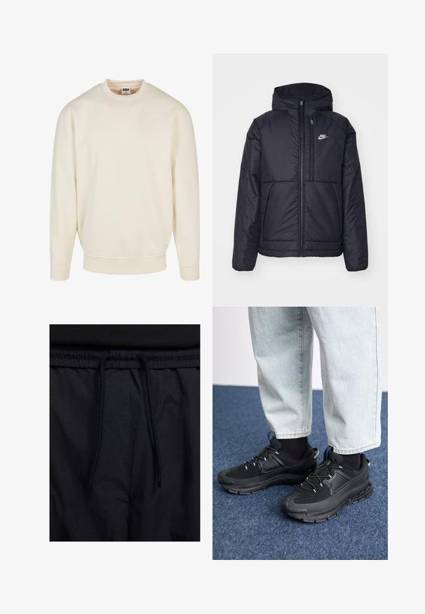 Must musta Nike jope, millel on ees lukuga avamine ja kapuuts. Vasakpoolne rind on kaunistatud valge logoga ning ees on kaks taskut. Sile välimine tekstuur.; Kreemivärvi sweatshirt, millel on soonikkoe kaelus ja varrukad. Omab vabalt istuvat lõiget, pehmet tekstuuri ning ei sisalda nähtavaid mustreid ega graafikat.; Mustad lühikesed püksid, millel on paelaga vöökoht, kerge kangas, mis on sileda tekstuuriga ning lihtne disain ilma nähtavate logode või mustriteta.; Mustad mustad jooksukingad, millel on tekstureeritud kangas ja kummist tallad, elastsed nöörid ning sinine aksent kandadel. Kandmine heledate teksadega.