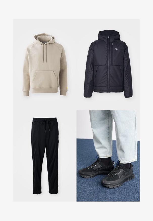 Melna, pufota Nike jaka ar priekšējo rāvējslēdzēju un kapuci. Iezīmēta ar baltu logotipu uz kreisās krūtis un divām priekšējām kabatām. Gluda ārējā tekstūra.; Kaki kapuce ar lielu priekšējo kabatu, ribotām piedurknēm un apakšu. Iezīmē izmaināmas auklas un brīvu piegriezumu. Izgatavota no mīksta auduma.; Melnas bikses ar aukliņu jostas vietā, ar sānu kabatām un taisnu kāju griezumu uz vienkrāsaina fona.; Melni sporta apavi ar strukturētu audumu un gumijas zoli, ar elastīgām auklām un zilu akcentu uz papēža. Nēsāti ar gaišām džinsu biksēm.