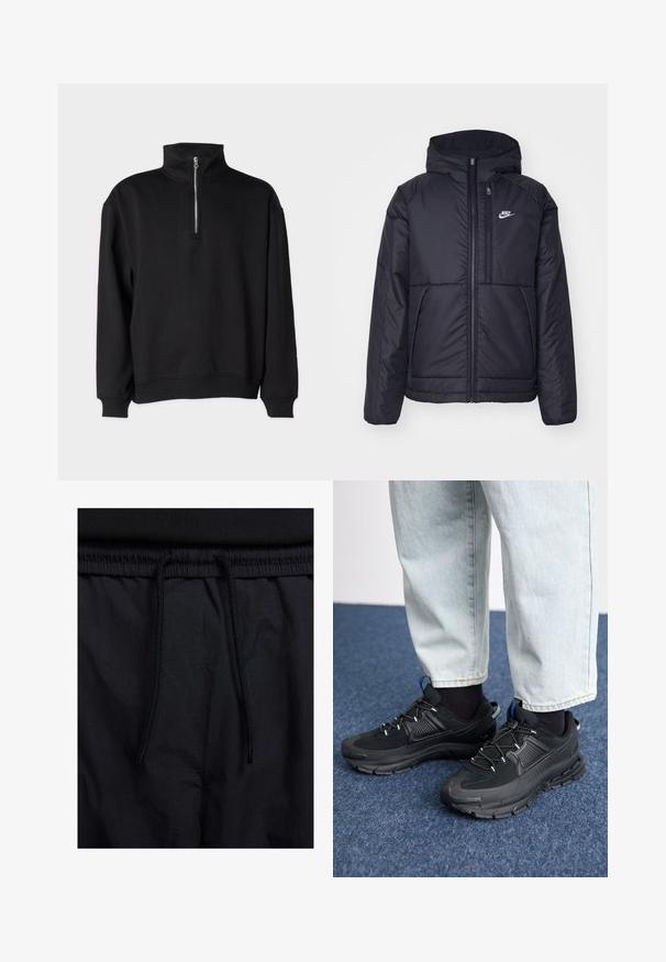 Svart, polstret Nike-jakke med frontglidelås og hette. Har en hvit logo på venstre bryst og doble frontlommer. Glatt ytterside.; Svart genser med høy krage, med halv glidelås, lange ermer og ribbestrikket mansjett og nederkant. Myk stofftekstur.; Sorte shorts med snor i livet, lett stoff med en jevn tekstur, og et enkelt design uten synlige logoer eller mønstre.; Svarte sportssko med teksturert stoff og gummisåler, med elastiske lisser og en blå detalj på hælen. Brukt med lyse denimbukser.