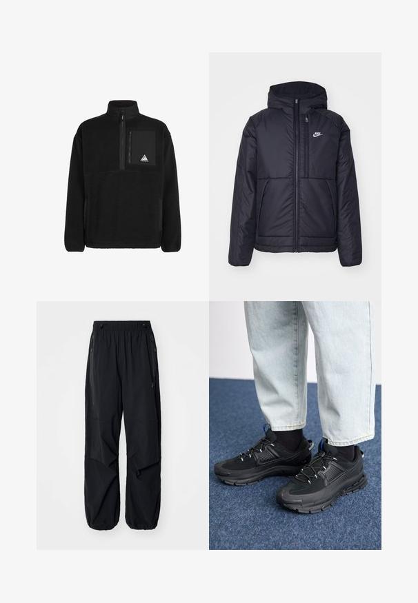 Veste Nike noire rembourrée avec une fermeture éclair sur le devant et une capuche. Elle présente un logo blanc sur la poitrine gauche et deux poches avant. Texture extérieure lisse.; Pull noir en polaire avec un col zippé, comportant une poche poitrine en tissu noir et un patch logo triangulaire. Matière douce et texturée.; Pantalons cargo légers noirs avec une taille élastique, des zips latéraux et des poches spacieux. Présentent une coupe ample et des poignets fuselés.; Des chaussures de sport noires avec un tissu texturé et des semelles en caoutchouc, dotées de lacets élastiques et d'un accent bleu au talon. Portées avec un pantalon en denim clair.