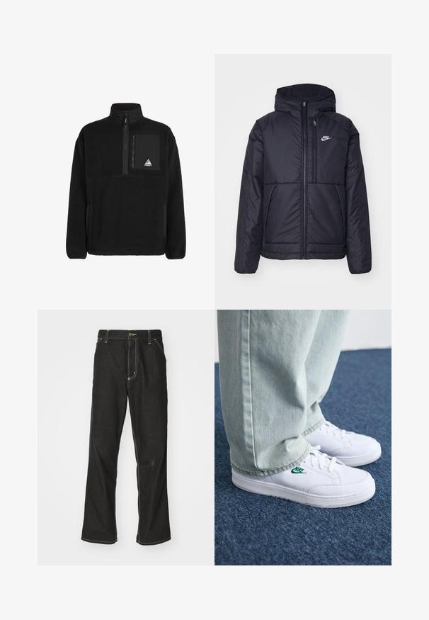 Black, padded Nike jacket with a front zipper and hood. Features a white logo on the left chest and dual front pockets. Smooth exterior texture.; Black fleece pullover with a zippered neck, featuring a chest pocket in black fabric and a triangular logo patch. Soft textured material.; Black denim jeans with a loose fit, featuring contrasting white stitching, a button closure, and a straight leg design.; White leather sneakers with green Nike logo, round toe, flat sole, paired with light blue denim pants, shown on a blue carpet.