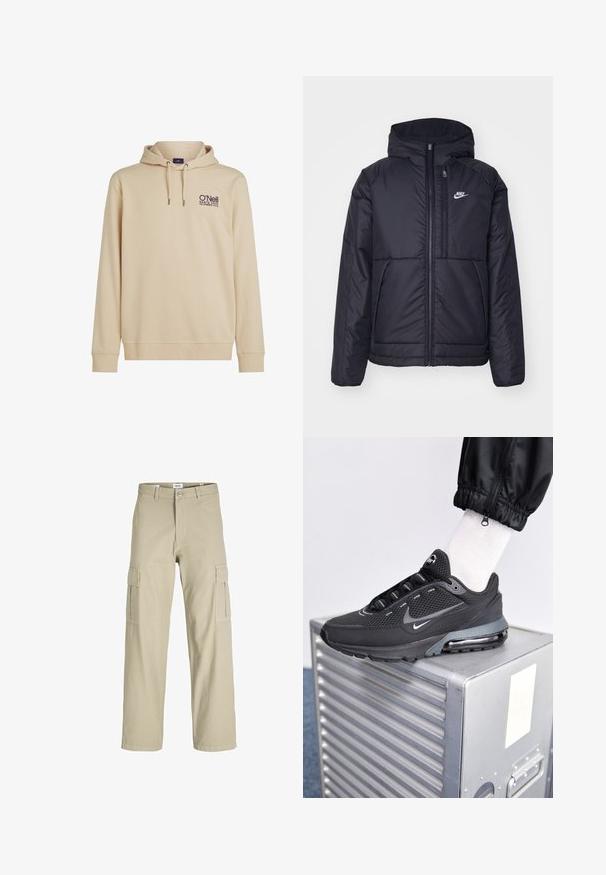 Veste Nike noire rembourrée avec une fermeture éclair sur le devant et une capuche. Elle présente un logo blanc sur la poitrine gauche et deux poches avant. Texture extérieure lisse.; Sweat-shirt beige à capuche avec poche avant, cordon de serrage et logo O'Neill brodé. Tissu doux avec poignets et ourlet côtelés.; Pantalon cargo beige en tissu léger, avec une coupe décontractée, deux poches latérales et une fermeture à bouton.; Nike Sportswear PULSE - Baskets basses - black/anthracite