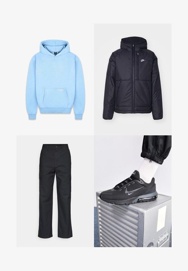 Schwarze, gepolsterte Nike-Jacke mit Frontreißverschluss und Kapuze. Hat ein weißes Logo auf der linken Brust und zwei Fronttaschen. Glattes äußeres Material.; Hellblauer Hoodie aus weichem Stoff, mit einer Fronttasche, gerippten Bündchen und Kapuze mit Kordelzug. Minimale Markenkennzeichnung auf der Tasche.; Schwarze Cargo-Hosen mit geradem Schnitt, ausgestattet mit Seitentaschen und einem strukturierten Stoff. Knopfverschluss an der Taille für einen sicheren Sitz.; Nike Sportswear PULSE - Sneaker low - black/anthracite