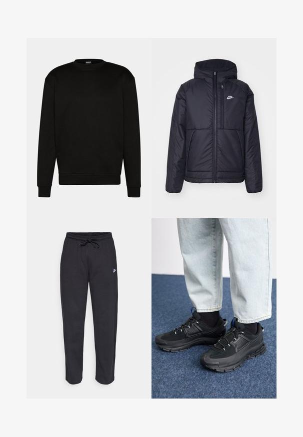 Musta, pehmustettu Nike-takki, jossa on etuvetoketju ja huppu. Vasemmassa rinnassa on valkoinen logo ja takissa on kaksinkertaiset etutaskut. Pintakoe on sileä.; Mustat collegepaidat, joissa on pyöreä kaula-aukko, pitkät hihat ja ribbireunat. Valmistettu pehmeästä kankaasta, yksinkertainen ja siisti muotoilu ilman kuvioita.; Mustat verkkareita pehmeästä kankaasta, jossa on joustava vyötärö, nyöri ja pieni Nike-logo vasemmassa reidessä.; Mustat urheilukengät, joissa on teksturoitu kangas ja kumipohjat, elastiset nauhat ja sininen yksityiskohta kannassa. Yhdistetty vaaleisiin farkkuihin.