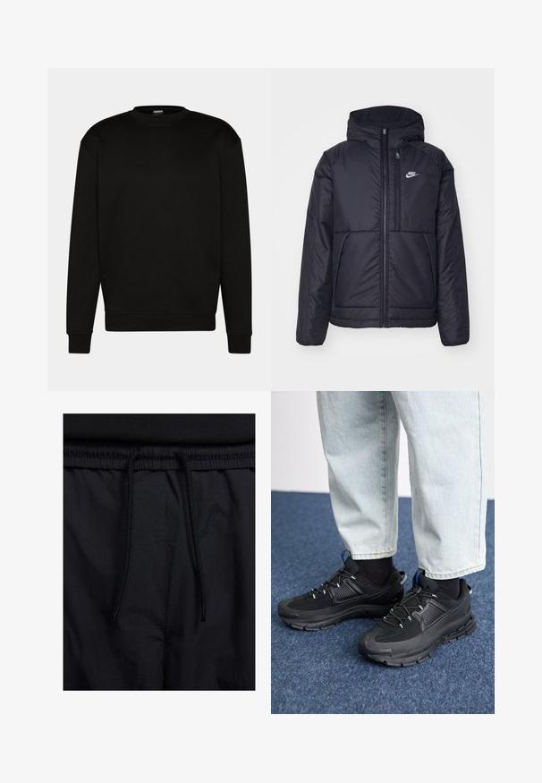 Svart, vadderad Nike-jacka med dragkedja framtill och huva. Har en vit logotyp på vänster bröst och dubbla framfickor. Slät yttextur.; Svart sweatshirt med rund hals, långa ärmar och ribbade ärmslut. Tillverkad av mjukt material, med en enkel och ren design utan mönster.; Svarta shorts med dragsko i midjan, lättviktig tyg med en slät yta och en enkel design utan synliga logotyper eller mönster.; Svarta sportskor med texturerat tyg och gummisulor, med elastiska snörningar och en blå detalj på hälen. Bärs med ljusa jeans.