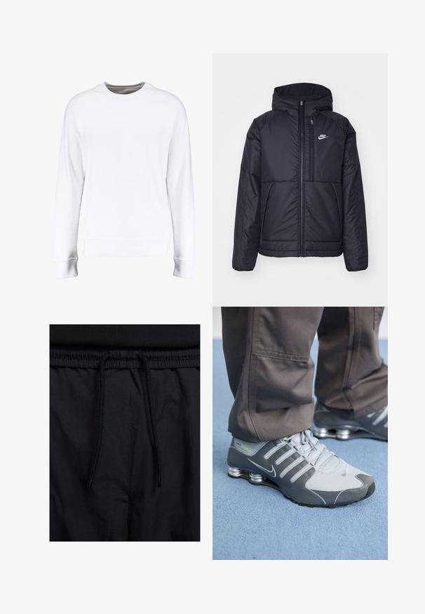Black, padded Nike jacket with a front zipper and hood. Features a white logo on the left chest and dual front pockets. Smooth exterior texture.; White sweatshirt with long raglan sleeves, round neckline, ribbed cuffs and hem, featuring a smooth texture and minimalistic design.; Black shorts featuring a drawstring waistband, lightweight fabric with a smooth texture, and a simple design without visible logos or patterns.; Gray and silver Nike Shox sneakers feature a sleek design, with mesh and synthetic materials, a rounded toe, and a padded collar.
