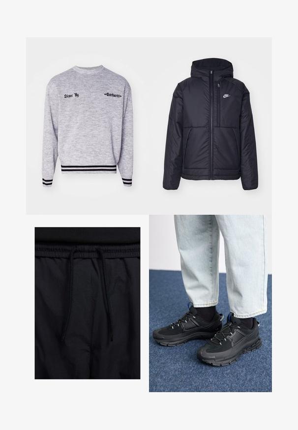 Casaco Nike preto, acolchoado, com fecho à frente e capuz. Apresenta um logo branco no lado esquerdo do peito e dois bolsos frontais. Textura exterior lisa.; Sweatshirt cinza com decote redondo, detalhes pretos nas mangas e na barra, apresentando o texto "Since '89" e "Carhartt" em preto.; Calções pretos com um cós elástico ajustável, fabricados em tecido leve com uma textura suave e um design simples, sem logótipos ou padrões visíveis.; Sapatilhas desportivas pretas com tecido texturizado e solas em borracha, apresentando atacadores elásticos e um detalhe azul no calcanhar. Usadas com calças de ganga claras.