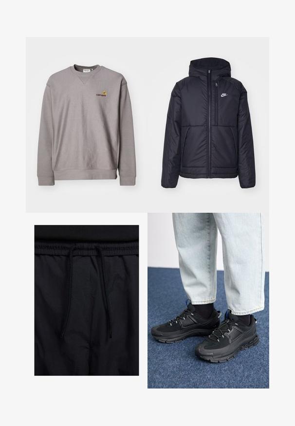 Musta, pehmustettu Nike-takki, jossa on etuvetoketju ja huppu. Vasemmassa rinnassa on valkoinen logo ja takissa on kaksinkertaiset etutaskut. Pintakoe on sileä.; Harmaa collegepaita, jossa on pyöreä kaula-aukko, ribatut hihansuut ja discreet logo keltaisena ja viininpunaisena brodeerattuna. Valmistettu pehmeästä, tekstuurista kankaasta.; Mustat shortsit, joissa on naru vyötäröllä, kevyestä kankaasta valmistettu, sileä tekstuuri ja yksinkertainen muotoilu ilman näkyviä logoja tai kuvioita.; Mustat urheilukengät, joissa on teksturoitu kangas ja kumipohjat, elastiset nauhat ja sininen yksityiskohta kannassa. Yhdistetty vaaleisiin farkkuihin.