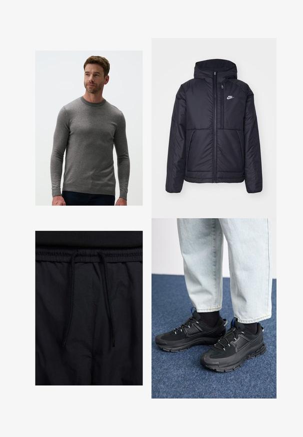 Schwarze, gepolsterte Nike-Jacke mit Frontreißverschluss und Kapuze. Hat ein weißes Logo auf der linken Brust und zwei Fronttaschen. Glattes äußeres Material.; Grauer Strickpullover mit langen Ärmeln, Rundhalsausschnitt und gerippten Bündchen. Der Stoff hat eine glatte Textur, eine körpernahe Passform und ein dezentes Muster.; Schwarze Shorts mit einem Kordelzugbund, leichtem Stoff mit glatter Textur und einem schlichten Design ohne sichtbare Logos oder Muster.; Schwarze Sportschuhe aus strukturiertem Stoff mit Gummisohlen, ausgestattet mit elastischen Schnürsenkeln und einem blauen Akzent an der Ferse. Getragen mit hellen Jeans.
