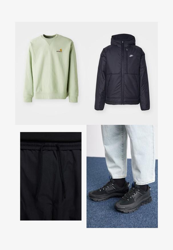 Jachetă Nike neagră, căptușită, cu fermoar pe față și glugă. Prezintă un logo alb pe pieptul stâng și două buzunare frontale. Textură exterioară netedă.; Hanorac verde deschis, realizat dintr-un amestec de bumbac. Are manșete și tiv ribbate, cu un mic logo brodat pe piept. Design simplu, cu gât rotund.; Șorturi negre cu un brâu reglabil, dintr-un material ușor cu o textură netedă și un design simplu, fără logo-uri sau modele vizibile.; Pantofi sport negri, cu țesătură texturată și tălpi din cauciuc, având șireturi elastice și un accent albastru pe toc. Purtați cu pantaloni din denim deschis.