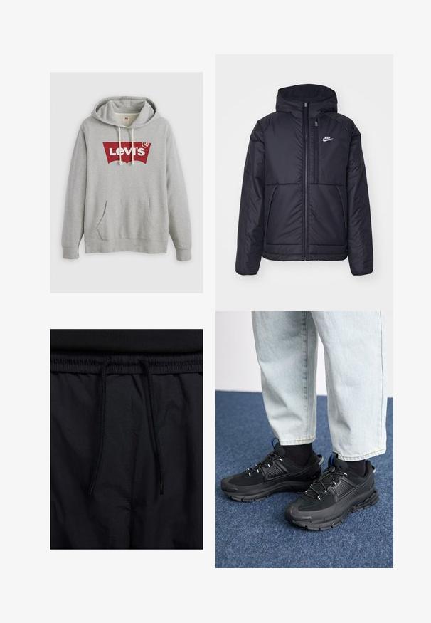 Casaco Nike preto, acolchoado, com fecho à frente e capuz. Apresenta um logo branco no lado esquerdo do peito e dois bolsos frontais. Textura exterior lisa.; Sweatshirt cinza com um grande logótipo vermelho da Levi's, capuz com cordão, bolso frontal e punhos canelados. Feito de um tecido macio e texturizado.; Calções pretos com um cós elástico ajustável, fabricados em tecido leve com uma textura suave e um design simples, sem logótipos ou padrões visíveis.; Sapatilhas desportivas pretas com tecido texturizado e solas em borracha, apresentando atacadores elásticos e um detalhe azul no calcanhar. Usadas com calças de ganga claras.