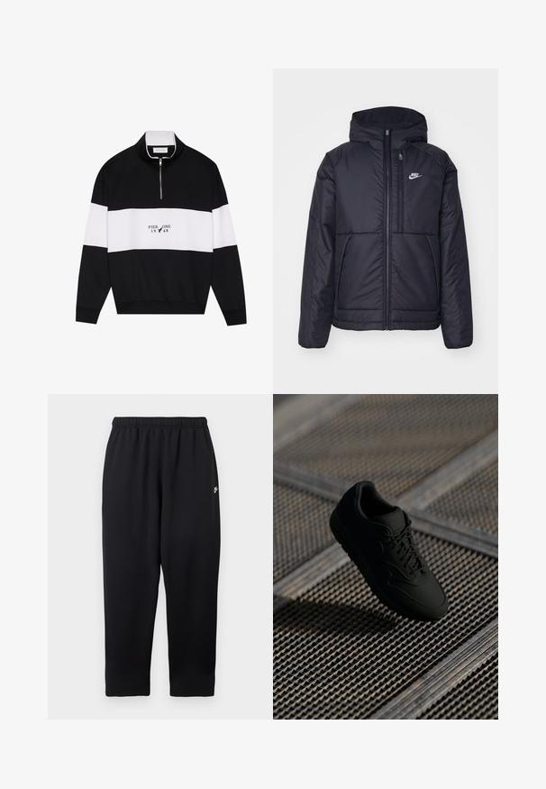 Black, padded Nike jacket with a front zipper and hood. Features a white logo on the left chest and dual front pockets. Smooth exterior texture.; Pier One Sweatshirt - jet black; Black sweatpants with an elastic waistband, featuring a small white logo on the left side. Made of soft, lightweight fabric. Straight-leg design.; Black sneaker with a smooth texture, round toe, lace-up front, and subtle branding. Displayed against a textured, industrial background.