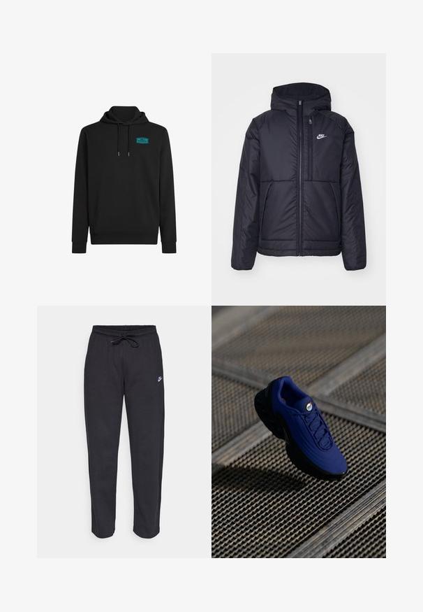 Schwarze, gepolsterte Nike-Jacke mit Frontreißverschluss und Kapuze. Hat ein weißes Logo auf der linken Brust und zwei Fronttaschen. Glattes äußeres Material.; Schwarzer Kapuzenpullover aus Baumwollmischung mit einer Fronttasche, Kordelzugkapuze und einem türkisfarbenen Logo-Patch auf der linken oberen Brust.; Schwarze Sweatpants aus weichem Stoff mit elastischem Bund, Kordelzug und kleinem Nike-Logo auf dem linken Oberschenkel.; Blauer Sportschuh mit einer strukturierten Oberseite, schwarzer Sohle und Schnürsenkeln. Verfügt über ein "Air"-Logo auf der Zunge und sichtbarene Luftpolsterungselemente.