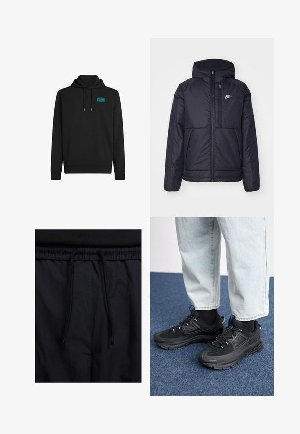 Svart, vadderad Nike-jacka med dragkedja framtill och huva. Har en vit logotyp på vänster bröst och dubbla framfickor. Slät yttextur.; Svart huvtröja i bomullsblandning, med en framlappficka, dragskohuvud och en turkos logotyp på övre vänstra bröstet.; Svarta shorts med dragsko i midjan, lättviktig tyg med en slät yta och en enkel design utan synliga logotyper eller mönster.; Svarta sportskor med texturerat tyg och gummisulor, med elastiska snörningar och en blå detalj på hälen. Bärs med ljusa jeans.