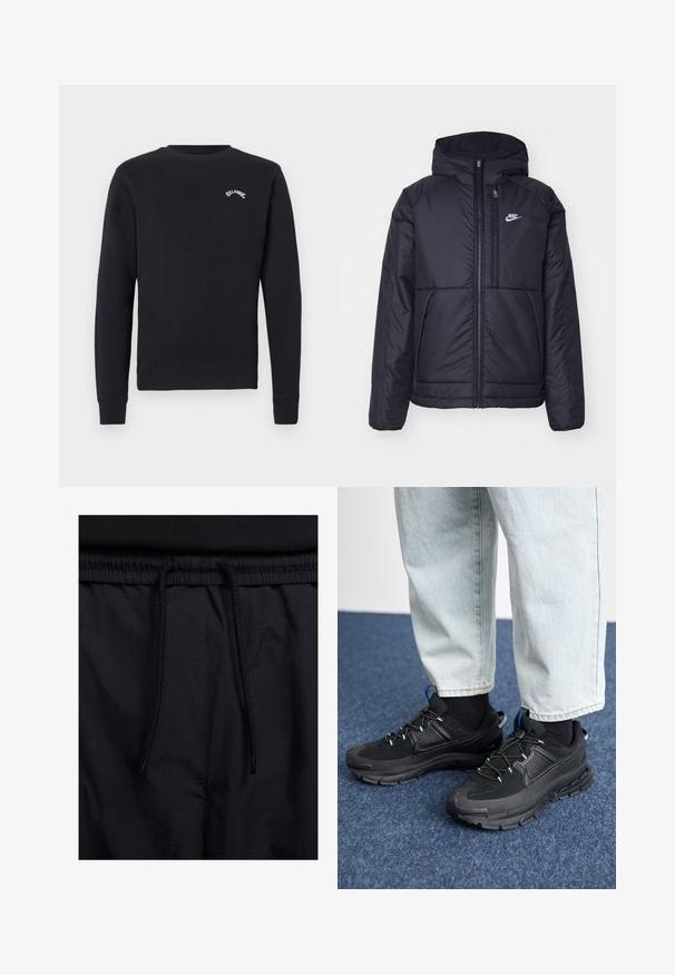 Černá zateplená bunda Nike s předním zipem a kapucí. Na levé straně hrudi má bílé logo a dvojité přední kapsy. Hladký povrch.; Námořnicky modrá mikina z bavlny s kulatým výstřihem, žebrovanými manžetami a lemem. Na hrudi je malá vyšívaná logo.; Černé šortky s páskem na šňůrku, lehký materiál s hladkou texturou a jednoduchý design bez viditelných log nebo vzorů.; Černé sportovní boty s texturovanou tkaninou a gumovou podrážkou, s elastickými tkaničkami a modrým akcentem na patě. Nosí se s světlými džíny.