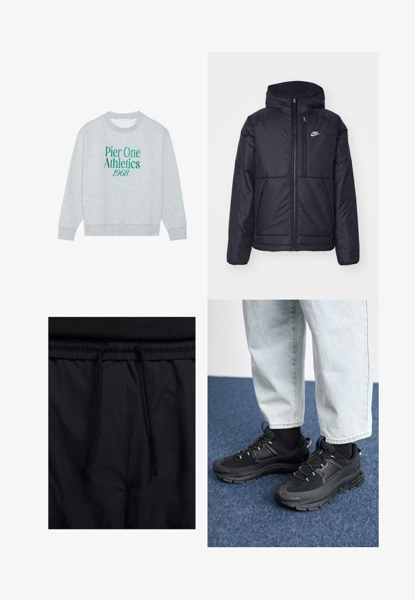 Casaco Nike preto, acolchoado, com fecho à frente e capuz. Apresenta um logo branco no lado esquerdo do peito e dois bolsos frontais. Textura exterior lisa.; Sweatshirt cinza com gola redonda, apresentando texto bordado em verde: "Pier One Athletics 1968" na frente. Manga longa, punhos canelados.; Calções pretos com um cós elástico ajustável, fabricados em tecido leve com uma textura suave e um design simples, sem logótipos ou padrões visíveis.; Sapatilhas desportivas pretas com tecido texturizado e solas em borracha, apresentando atacadores elásticos e um detalhe azul no calcanhar. Usadas com calças de ganga claras.