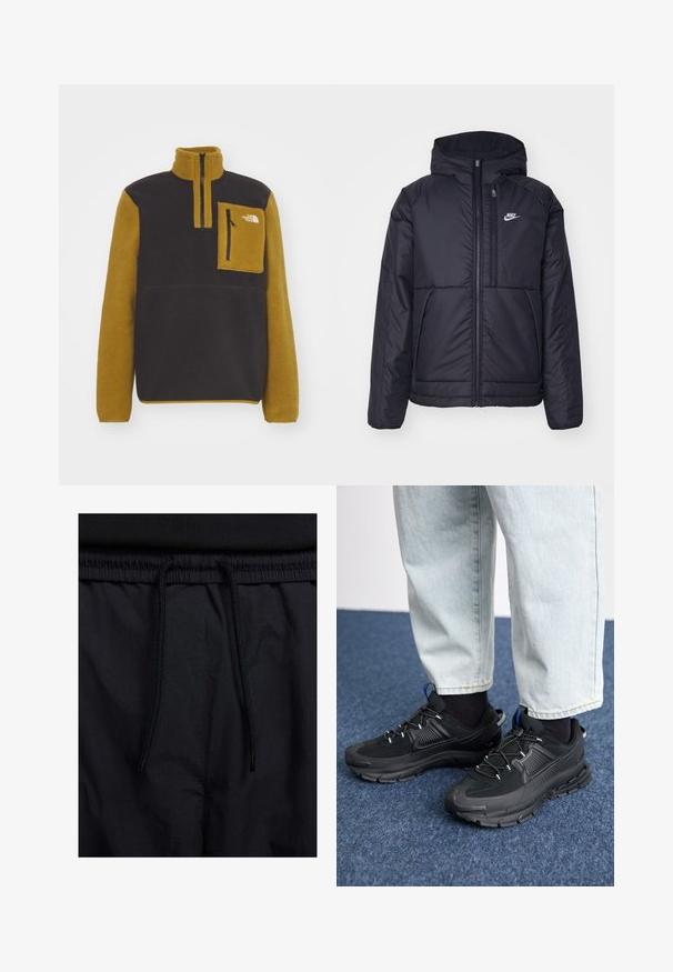 Črna, podložena Nike jakna z sprednjim zadrgo in kapuco. Ima bel logo na levem prsnem delu in dvojna sprednja žepa. Gladka zunanja tekstura.; The North Face YUMIORI 1/4 ZIP - Pulover iz flisa - black/moss green; Črne kratke hlače z vrvico v pasu, lahkotna tkanina z gladko teksturo in preprosto zasnovo brez vidnih logotipov ali vzorcev.; Črne športne čevlje z teksturirano tkanino in gumijastimi podplati, ki imajo elastične vezalke ter modre poudarke na peti. Nosi se z lahkimi denim hlačami.