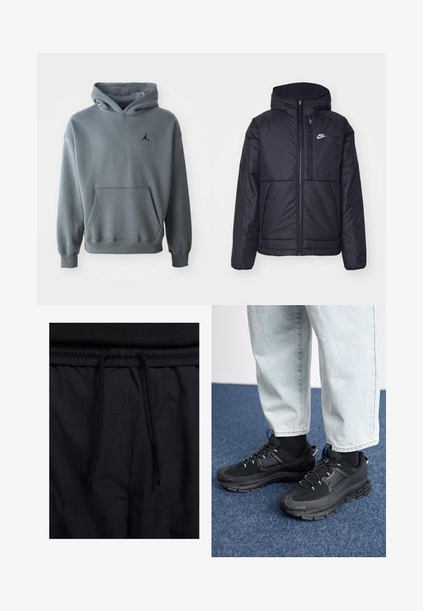Crna Nike jakna s podstavom, dugmadi sprijeda i kapuljačom. Ima bijeli logotip na lijevoj strani prsnog koša i dva prednja džepa. Glatka vanjska tekstura.; Siva dukserica od mekog materijala s kenguruh xepkom i rebrastim manžetama. Crni izvezeni Jumpman logo na lijevoj strani prsiju.; Crne kratke hlače s pojasom na vezanje, lagani materijal s glatkom teksturom i jednostavan dizajn bez vidljivih logotipa ili uzoraka.; Crne atletske cipele s teksturiranom tkaninom i gumene potplate, s elastičnim vezicama i plavim akcentom na peti. Nosene su s svijetlim trapericama.
