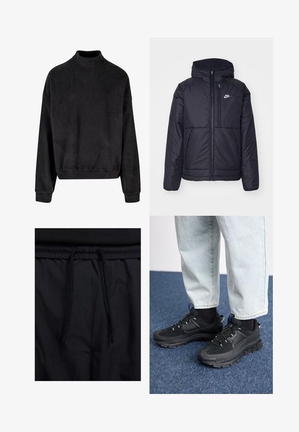 Must musta Nike jope, millel on ees lukuga avamine ja kapuuts. Vasakpoolne rind on kaunistatud valge logoga ning ees on kaks taskut. Sile välimine tekstuur.; Mustmust särk, millel on kõrge kaelus, pikad varrukad ja lõtv lõige. Valmistatud pehmest kangast, millel on sile tekstuur ja soonikkoes mansetid.; Mustad lühikesed püksid, millel on paelaga vöökoht, kerge kangas, mis on sileda tekstuuriga ning lihtne disain ilma nähtavate logode või mustriteta.; Mustad mustad jooksukingad, millel on tekstureeritud kangas ja kummist tallad, elastsed nöörid ning sinine aksent kandadel. Kandmine heledate teksadega.