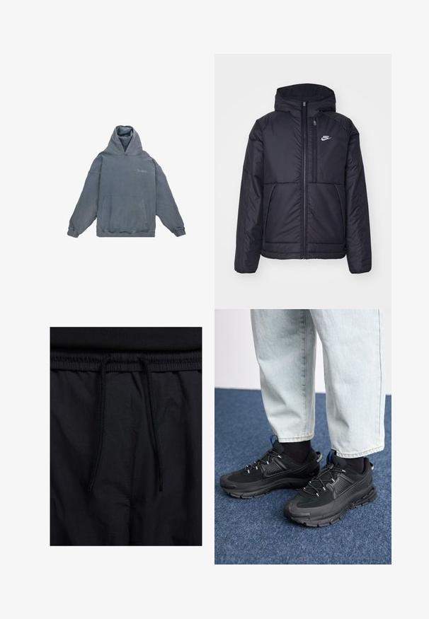 Black, padded Nike jacket with a front zipper and hood. Features a white logo on the left chest and dual front pockets. Smooth exterior texture.; Grey cotton hoodie with a front kangaroo pocket, drawstring hood, and ribbed cuffs. Features subtle "Dropsize" text on the chest.; Black shorts featuring a drawstring waistband, lightweight fabric with a smooth texture, and a simple design without visible logos or patterns.; Black athletic shoes with textured fabric and rubber soles, featuring elastic laces and a blue accent on the heel. Worn with light denim pants.