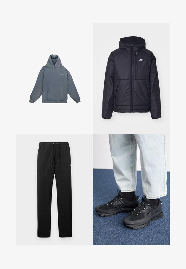 Musta, pehmustettu Nike-takki, jossa on etuvetoketju ja huppu. Vasemmassa rinnassa on valkoinen logo ja takissa on kaksinkertaiset etutaskut. Pintakoe on sileä.; Harmaa puuvillahuppari, jossa on etupuolella kengurupocket, nyöri-huppu ja ribbaus hihansuissa. Rintamuksessa on hienovarainen "Dropsize"-teksti.; Mustat collegehousut, jotka on valmistettu fleece-materiaalista ja joissa on joustava vyötärö, jossa on kiristysnyörit, kaksi etutaskua ja pieni logo reidessä.; Mustat urheilukengät, joissa on teksturoitu kangas ja kumipohjat, elastiset nauhat ja sininen yksityiskohta kannassa. Yhdistetty vaaleisiin farkkuihin.